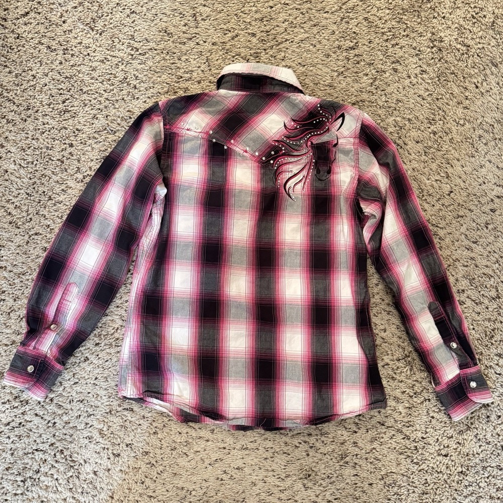 Cowgirl Hardware Girls M 7/8 Western Snap Shirt Pink Plaid Horse‎ Rhinestone - Picture 3 of 13